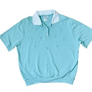 Vintage Coastal Polo Knit Shirt Collared Mint Green Palmtrees Preppy Blouse XS